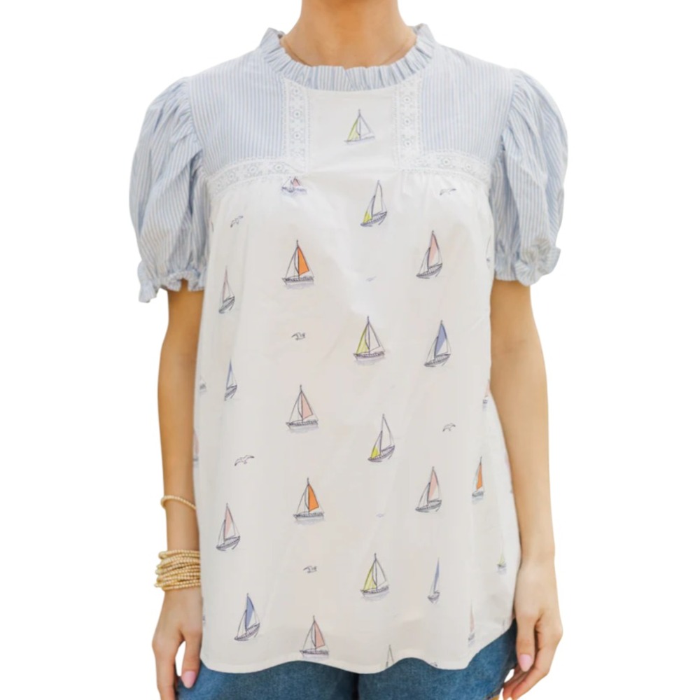 SHOP THE MINT Sailboat Boat Blouse Top WHITE/MULTI Puff Sleeve Lace Trim Lined L